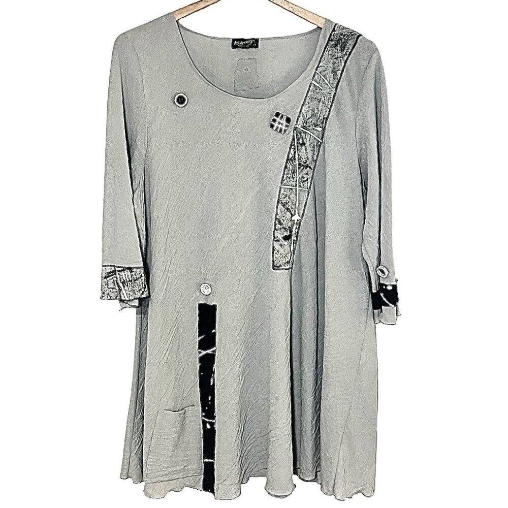 Lee Andersen Lagenlook Wearable Art Grey Tunic Dress with Side Pocket Size 2X
